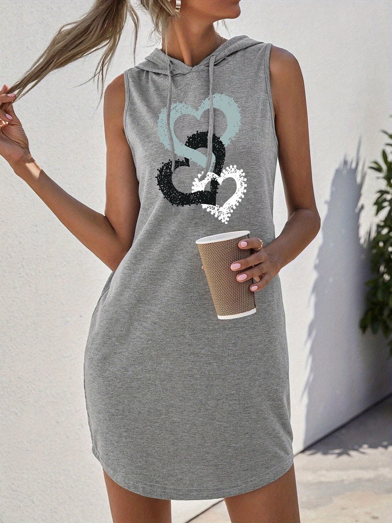 Heart Print Hooded Tank Dress, Casual Sleeveless Drawstring Dress For Summer, Women's Clothing