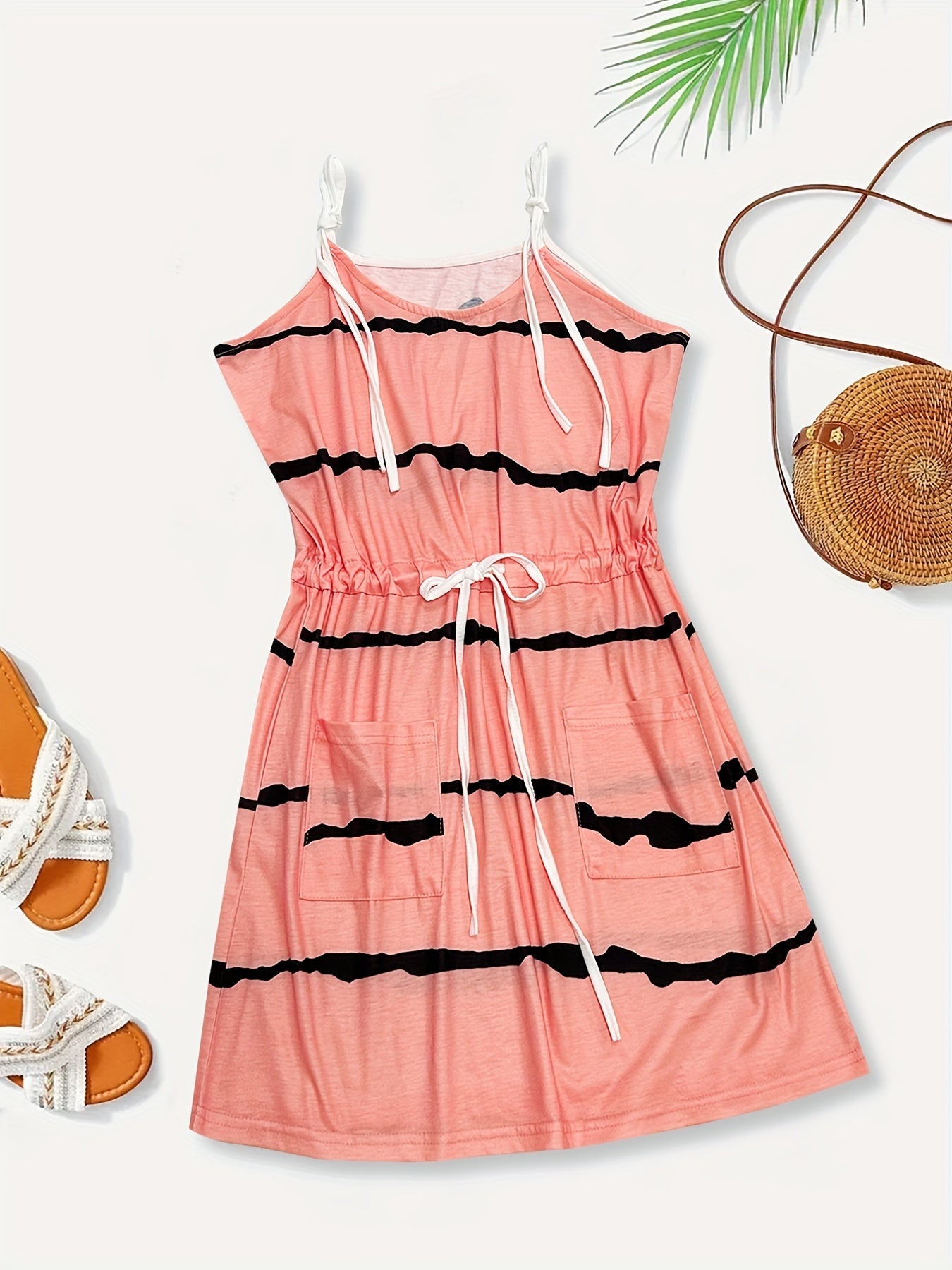 Color Block Cami Dress, Drawstring Waist Sleeveless Dress For Summer & Spring, Women's Clothing