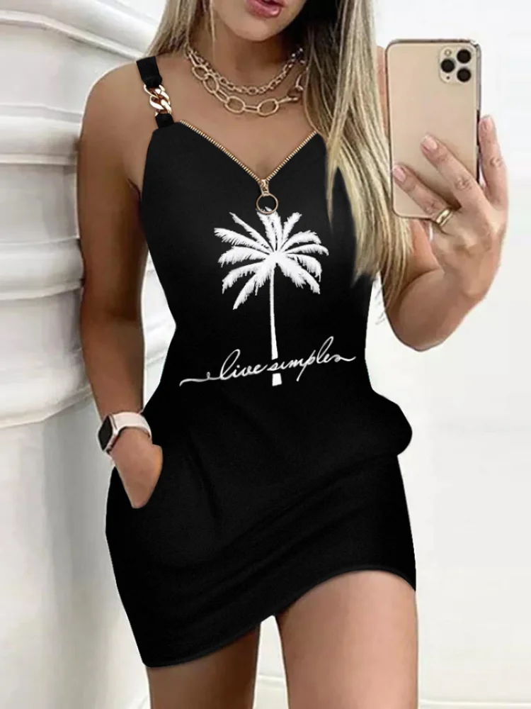 Women's Dresses Summer Fashion Coconut Tree Print Chain Decor Casual V-Neck Sleeveless Mini Straight Dress