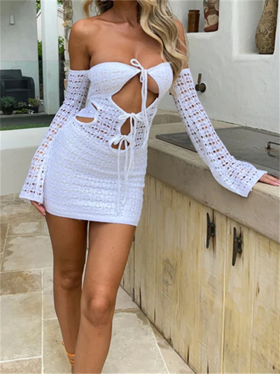 Cutout Crochet Knit Mini Dress Women Sexy Off-Shoulder Long Sleeve Hollowed Tie-up Bandeau Tube Top Dress Beach Clubwear