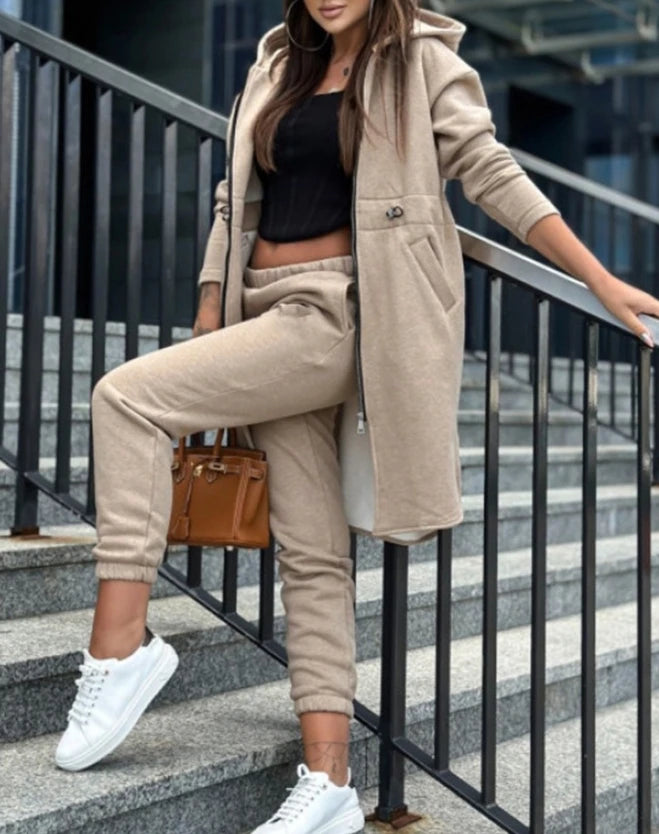 Y2K 2 Piece Sets Women Outfit 2023 Autumn/winter New Fashion Casual Solid Zipper Design Longline Hooded Coat&cuffed Pants Set