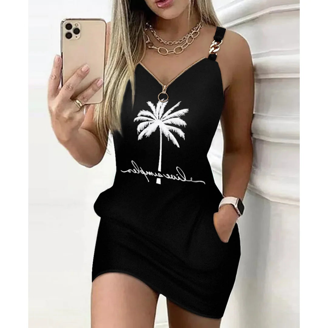 Women's Dresses Summer Fashion Coconut Tree Print Chain Decor Casual V-Neck Sleeveless Mini Straight Dress