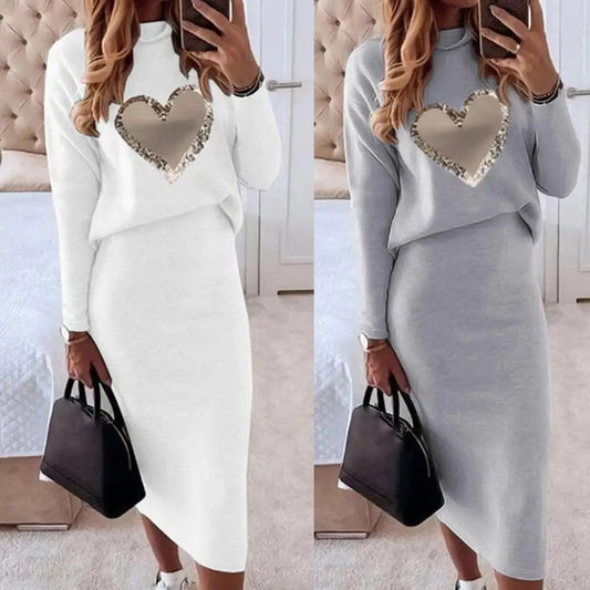 Trendy Midi Skirt Blouse Simple Top Skirt Set Turtleneck Heart Print Loose Blouse Slim Skirt  Ultra Soft