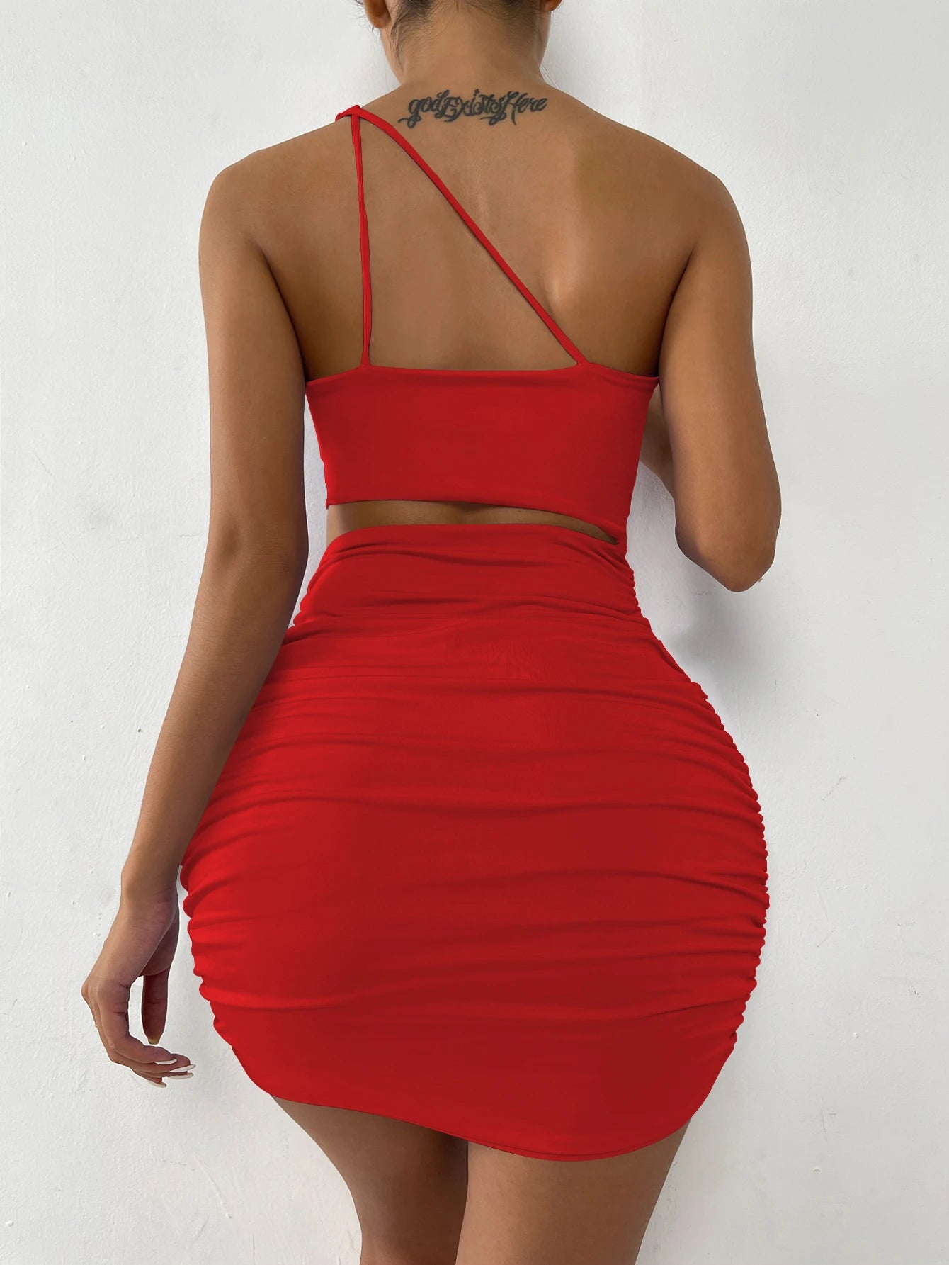 One Shoulder Hollow Out Mini Dress Sleeveless Backless Women,  Two Piece Set