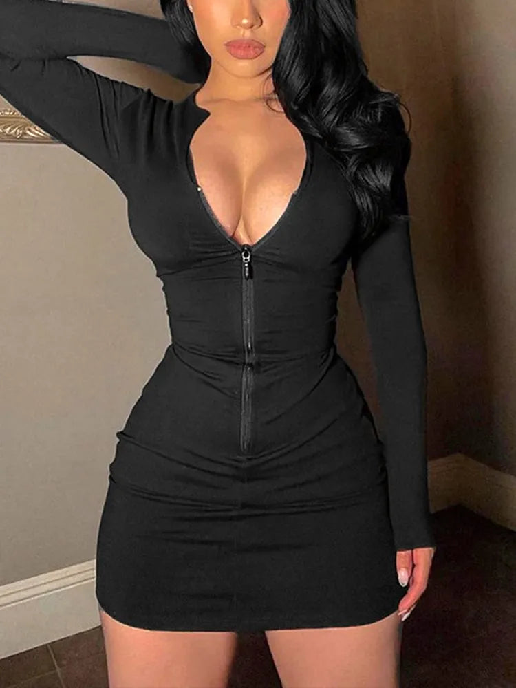 Women Zipper V-neck Long Sleeve Mini Dress Bodycon Sexy Streetwear Party Club Y2K Clothes Sportswear Autumn Winter Outfit