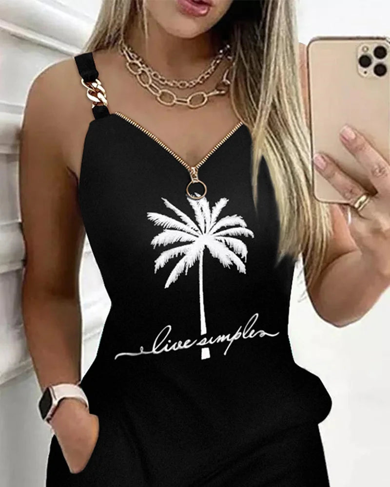 Women's Dresses Summer Fashion Coconut Tree Print Chain Decor Casual V-Neck Sleeveless Mini Straight Dress