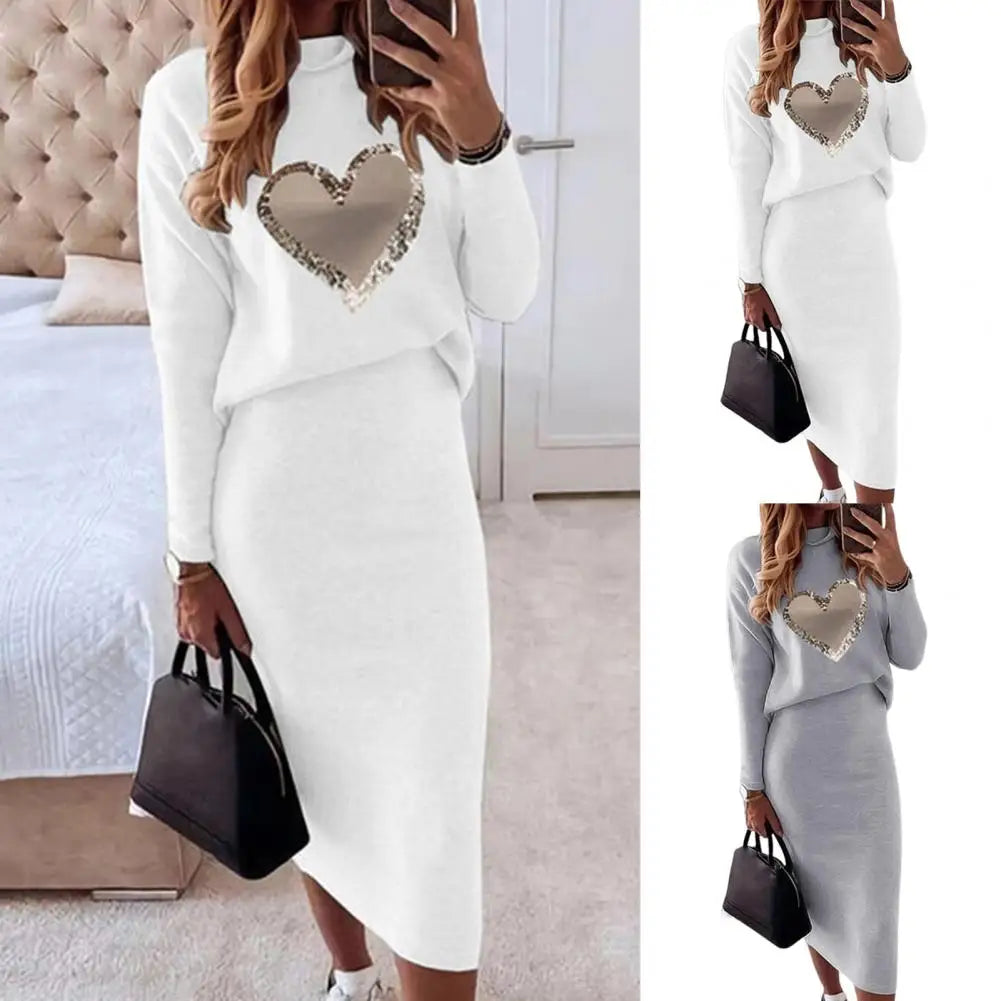 Trendy Midi Skirt Blouse Simple Top Skirt Set Turtleneck Heart Print Loose Blouse Slim Skirt  Ultra Soft