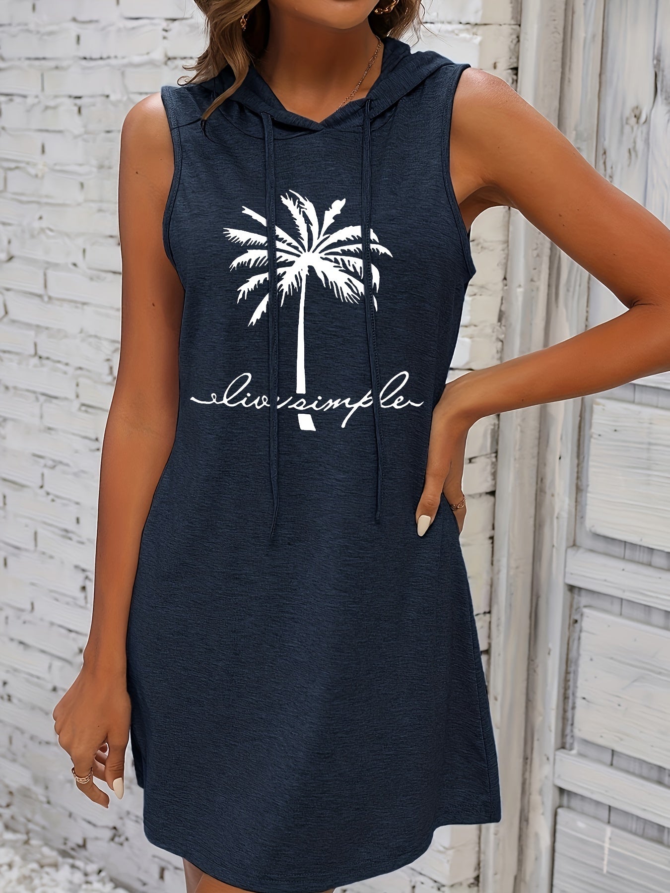 Coconut Tree & Letter Hooded Dress, Casual Sleeveless Drawstring Dress For Spring & Summer, Women's Clothing